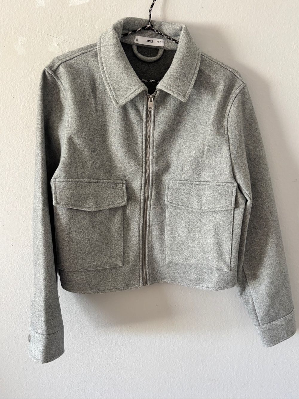 Mango Light Grey Minimalist Utility Felt Collared Cropped Boxy Jacket